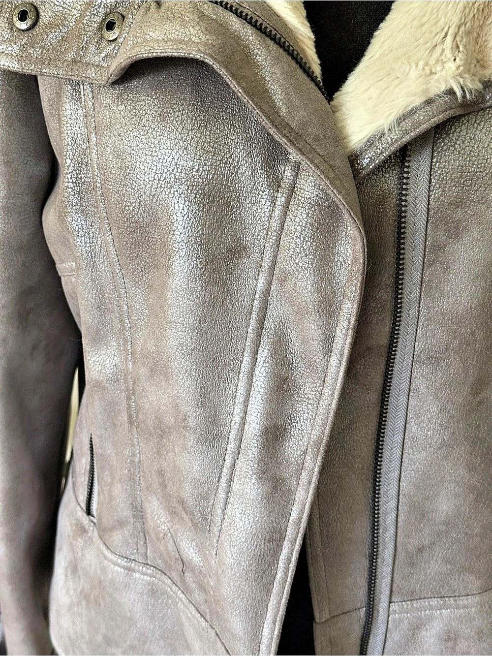 Via Spiga Faux Shearling Moto Jacket Gray XL Like New - Picture 9 of 15